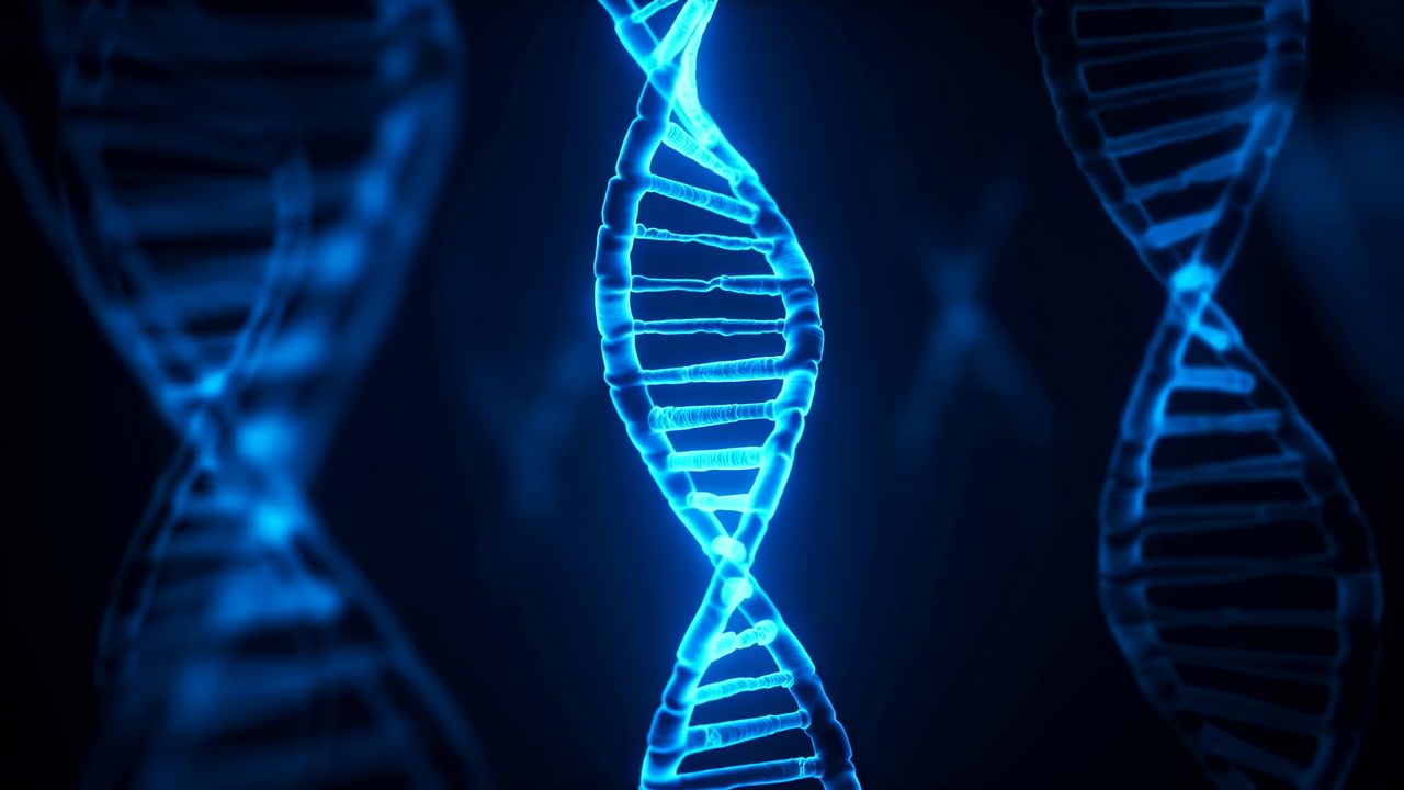 Glowing Blue Dna Helix Strands Rotating In Dark Lab Environment, Luminous Molecular Structure With Soft Bokeh