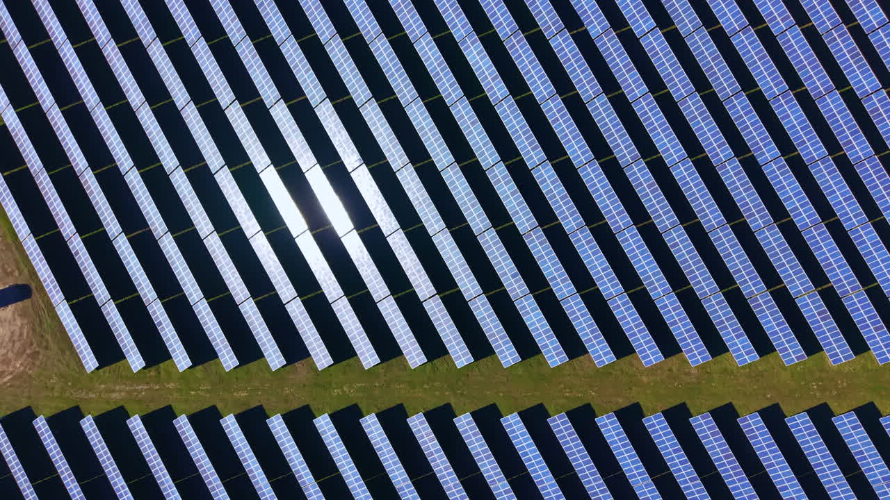 File di pannelli solari si estendono sul terreno sotto la luce solare intensa presso una struttura per l'energia rinnovabile.
