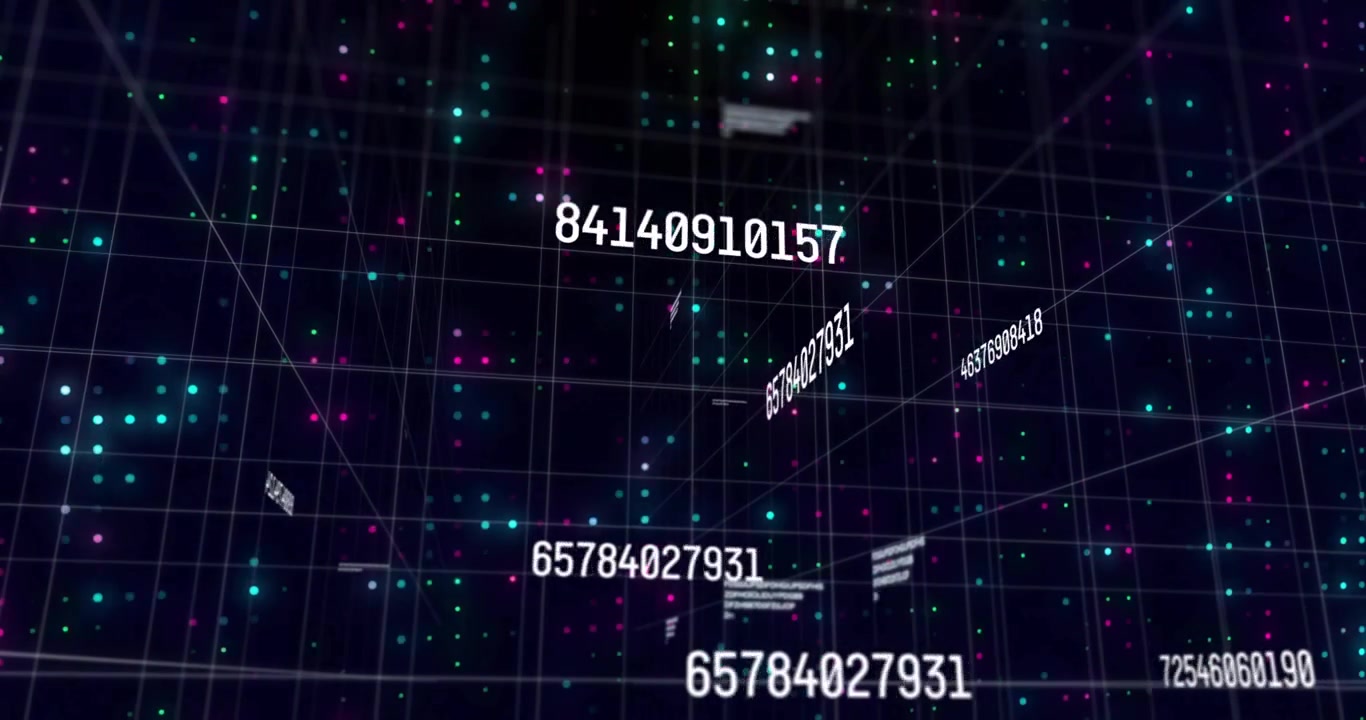 Data matrix flying through 3D grid revealing numeric codes slicing neon line showing encrypted flow