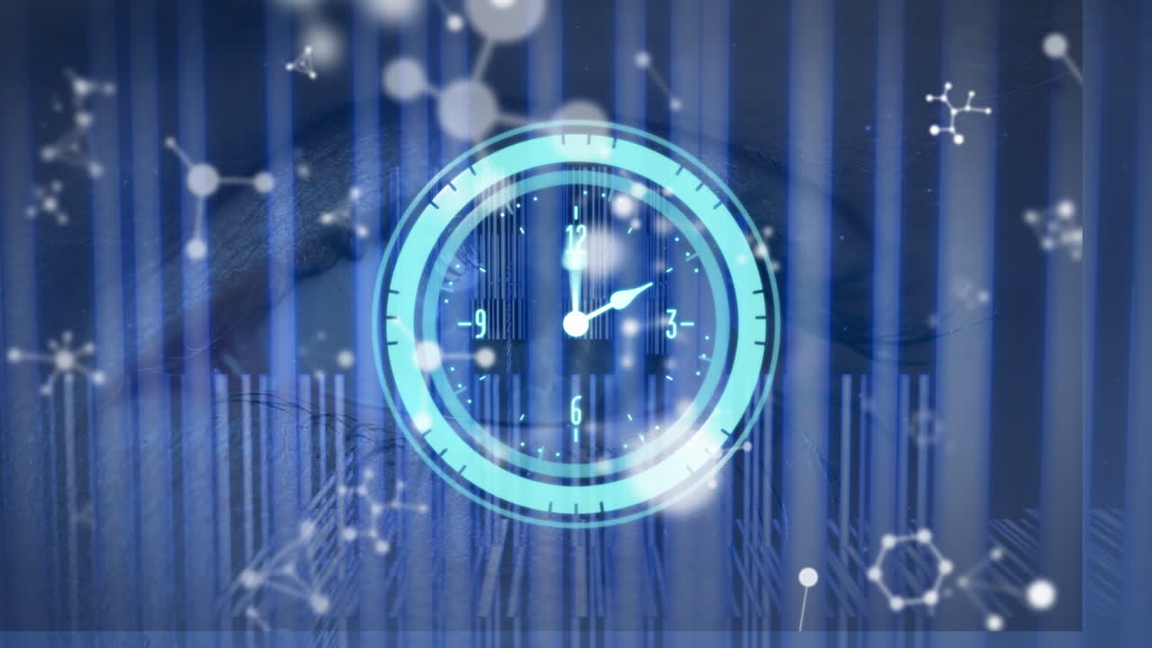 백인 여성의 모양과 눈 위로 움직이는 시계의 애니메이션