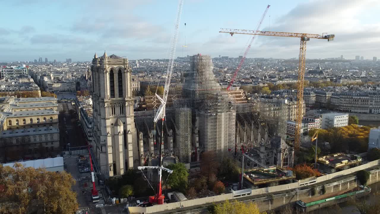 Aerial Shot of The Beauty of Notre-Dame Renovation at the Sunset