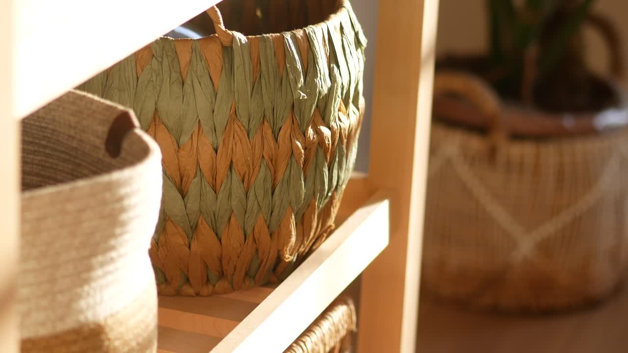 Stylish Storage Baskets on Wooden Shelving
