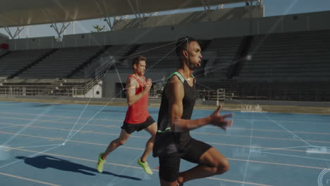 Running athletes on track with data analysis animation over stadium background