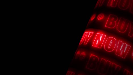 buy now 4k 3d rendering red neon glowing text on black background with blank copy space for your text or artwork. seamless loop animation for social media promotional marketing advertising campaigns.