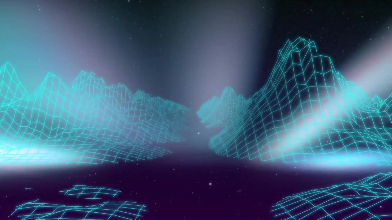 Wireframe grid terrain rising into neon peaks and receding under glowing vertical light beams