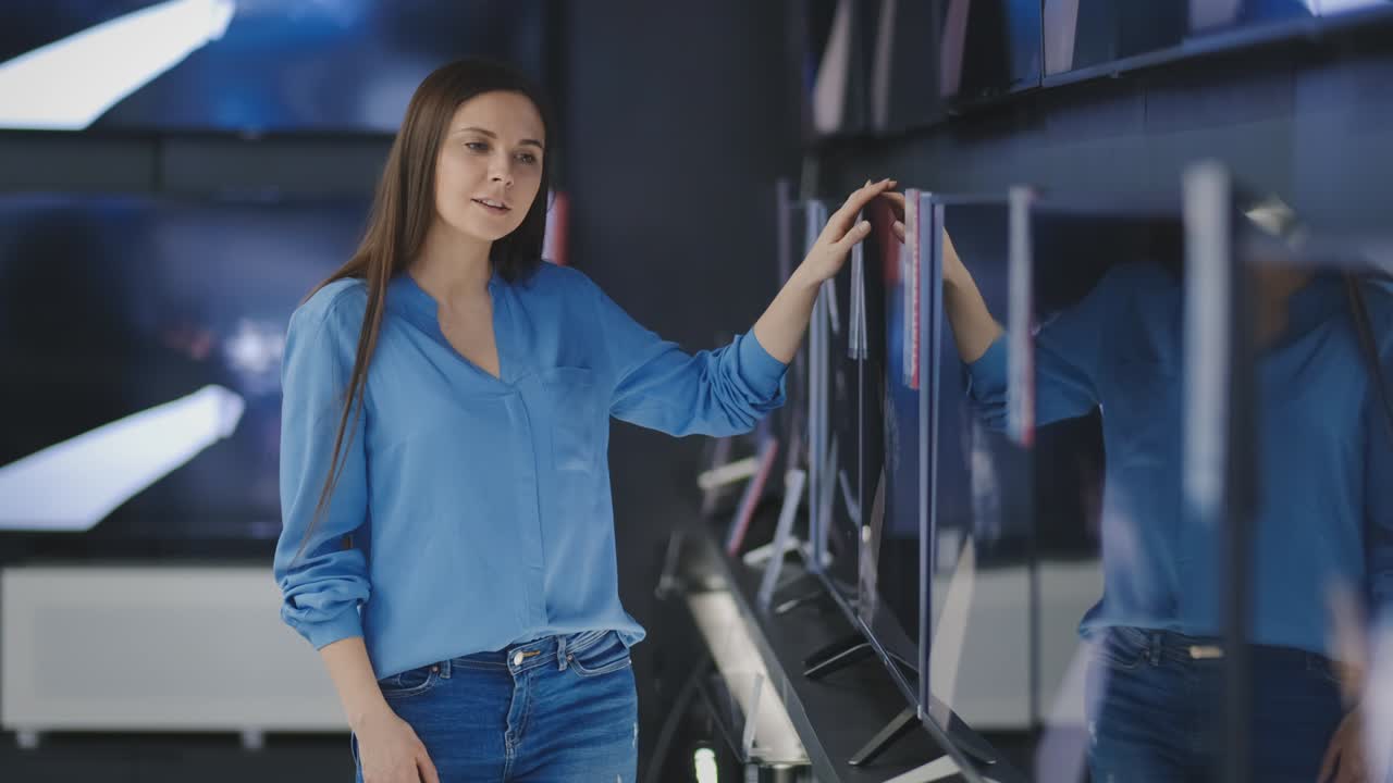 Smart modern female customer choosing large TV-sets at electronics store. New screen generations