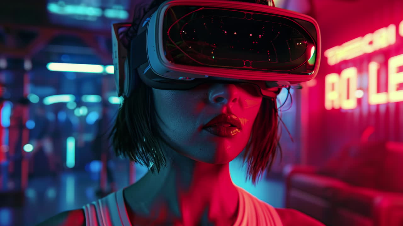 Teknologisk kvinde med VR-headset, skabt med AI