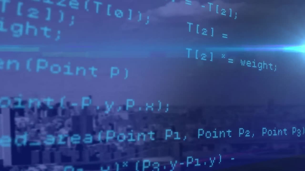 animation der blauen datenverarbeitung über stadtlandschaft auf blauem hintergrund