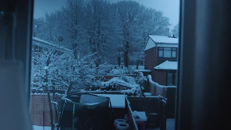 view from window of residential area with neighboorhood kids playing in snow