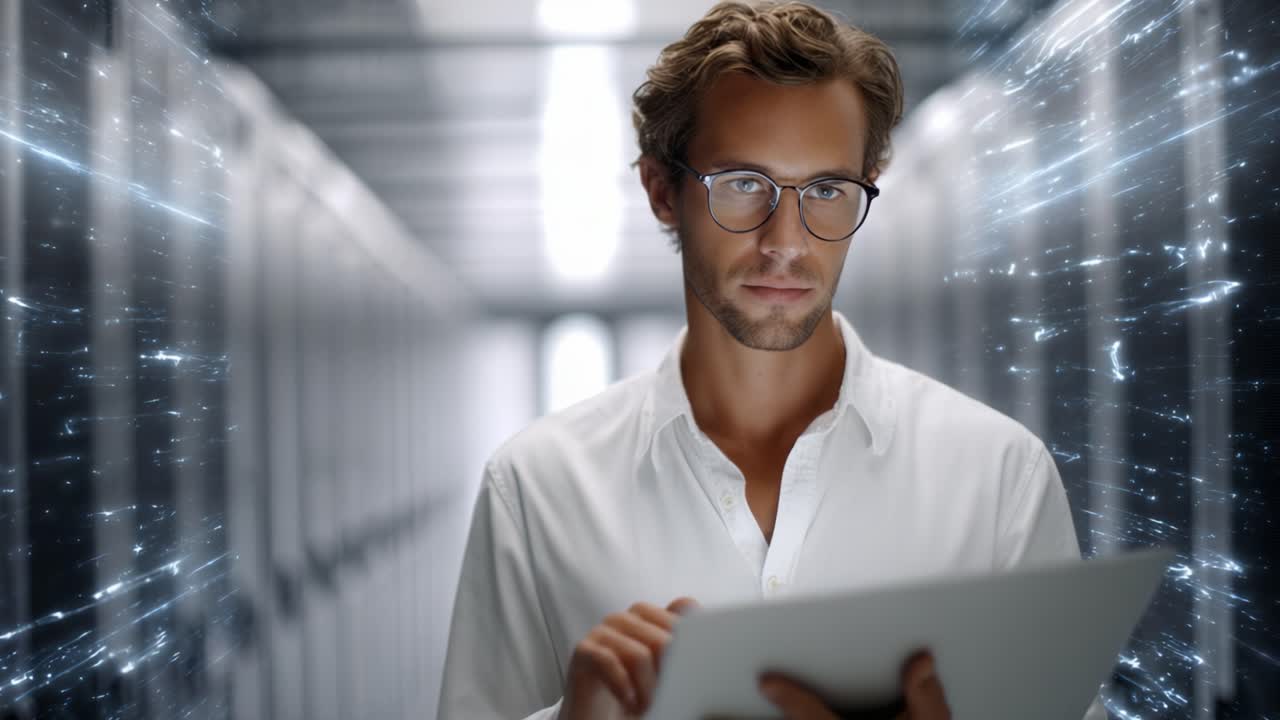 A focused individual with glasses engages with a tablet in a futuristic data center surrounded by illuminated technology enhancements and server racks