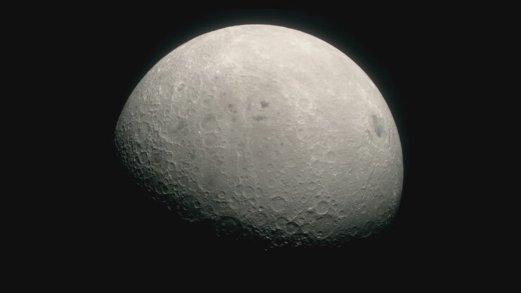 Na escuridão do espaço sideral, a superfície da Lua coberta por crateras pode ser vista girando lentamente