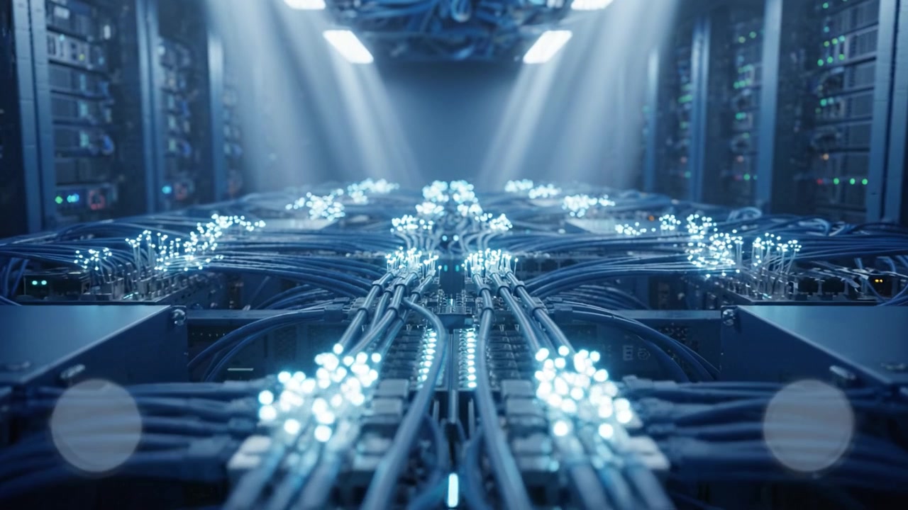 Illuminated Data Center with Fiber Optic Cables and Server Racks, Created a High-Tech Environment with Blue Lighting and Complex Wiring Infrastructure