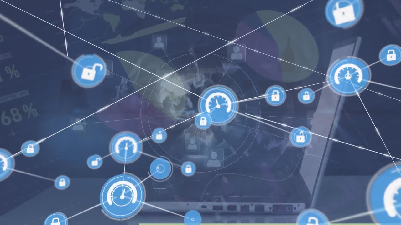 animación de la red de conexiones con iconos digitales y procesamiento de datos en segundo plano