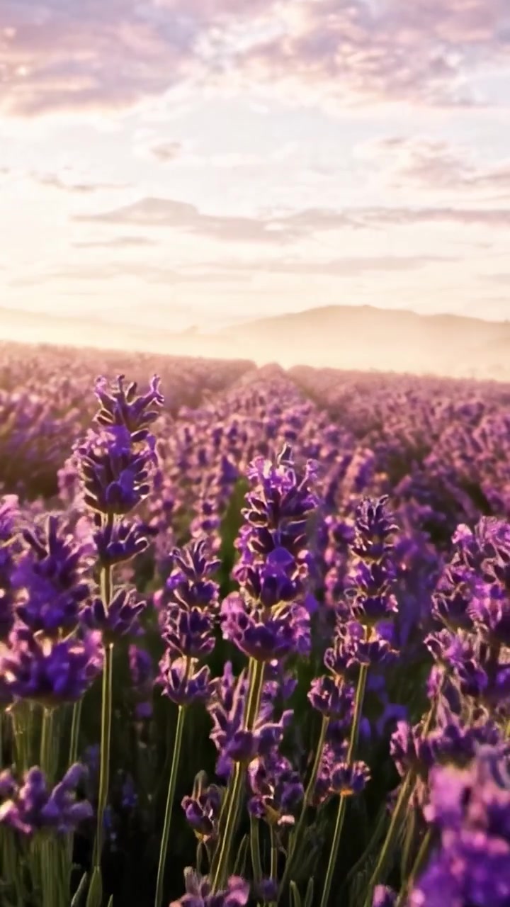 Un sereno campo di lavanda all'alba: una splendida vista di fioriture viola che si estendono verso l'orizzonte sotto un cielo colorato.