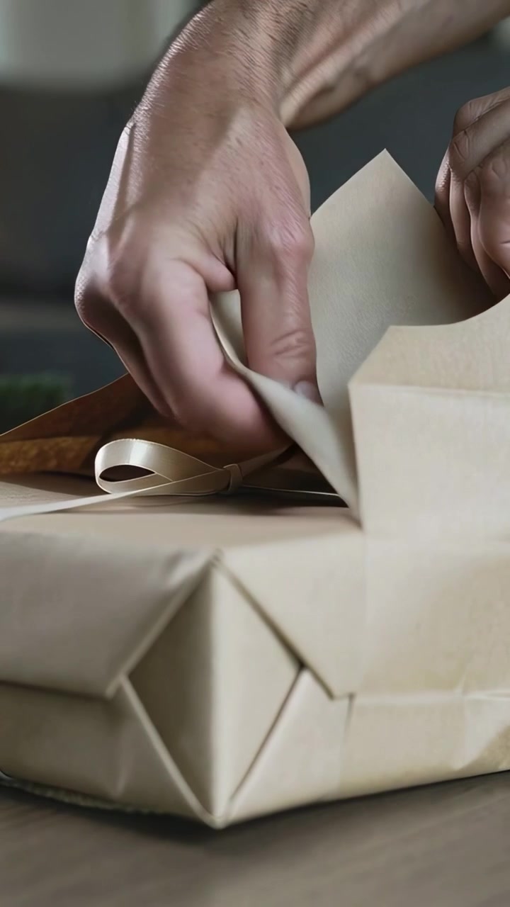 Vertical video: Reaching hands opening bag and sliding kraft box into it on home table for gifting