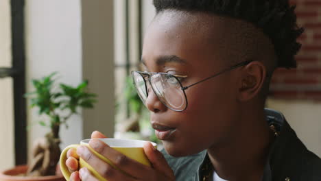 Black-woman,-coffee-and-a-designer-thinking