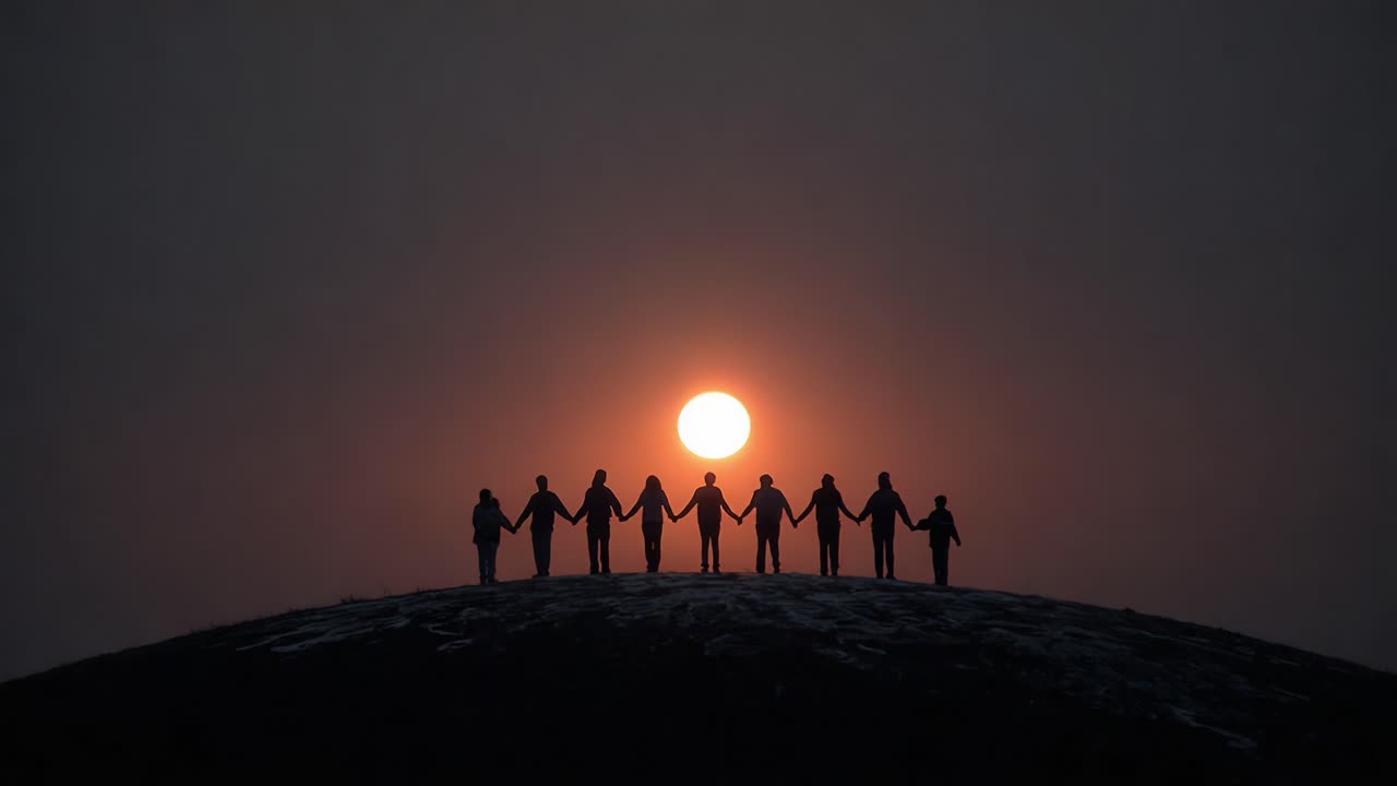 A group of individuals standing in a line, holding hands against a breathtaking sunset backdrop, symbolizing unity, connection, and the beauty of shared moments in nature