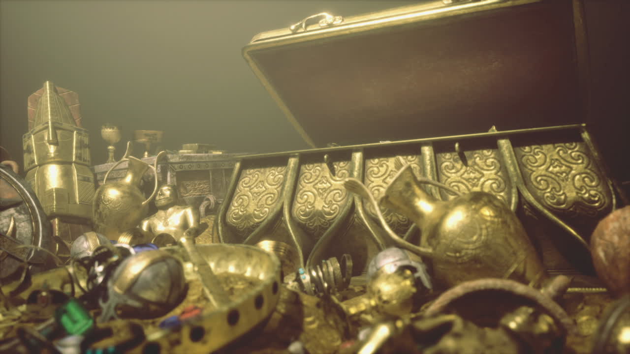Colección legendaria con gemas encantadas y una corona resplandeciente en una caverna