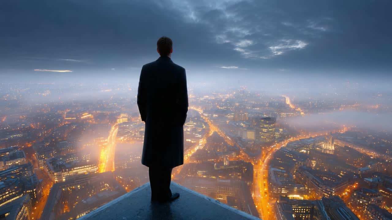A solitary figure stands at the edge of a high vantage point, gazing over a sprawling city illuminated by golden lights, creating an atmosphere of reflection and wonder