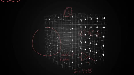 animation of light trails and mathematical data processing over black background