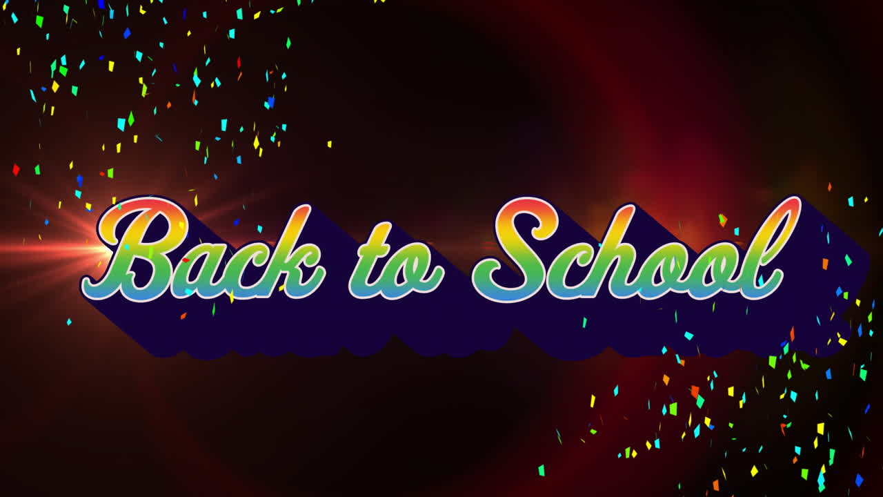 Colorful Back to School text with confetti animation on dark background