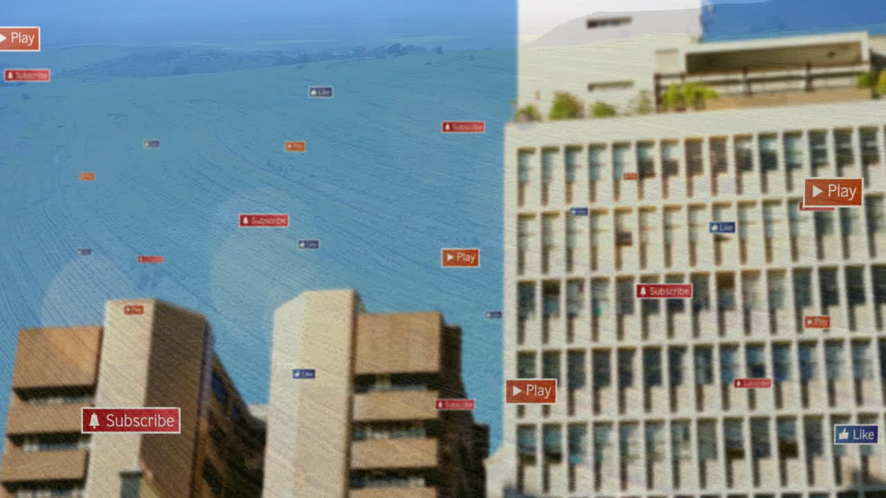Animation of digital buttons labeled Subscribe and Play overlaying urban buildings
