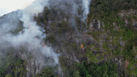 el humo que surge del fuego que quema la selva en un desfiladero en queensland, australia