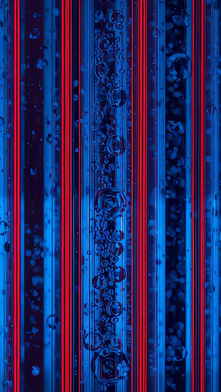 Video verticale: Bolle che salgono dopo l'inizio, muovendosi verso l'alto attraverso bande rosse e blu in una lampada per galleggiamento.