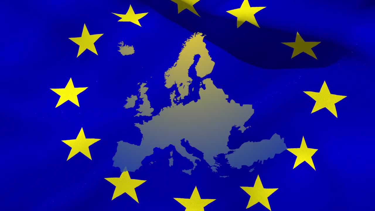 노란색 별들의 원 위에 세계지도와 함께 파란색  ⁇ 발을 흔드는 애니메이션