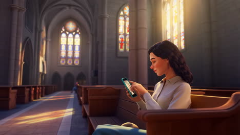 woman using a phone in a church