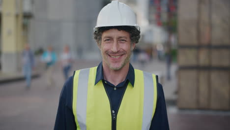 portrait mature successful engineer man smiling enjoying career in construction industry wearing safety helmet on urban city street slow motion professional foreman