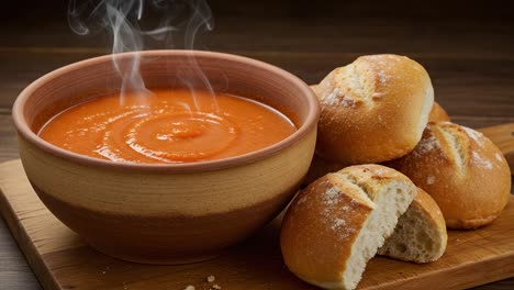 a delicious bowl of steamy tomato soup accompanied by freshly baked bread rolls, perfect for a cozy meal any time of day