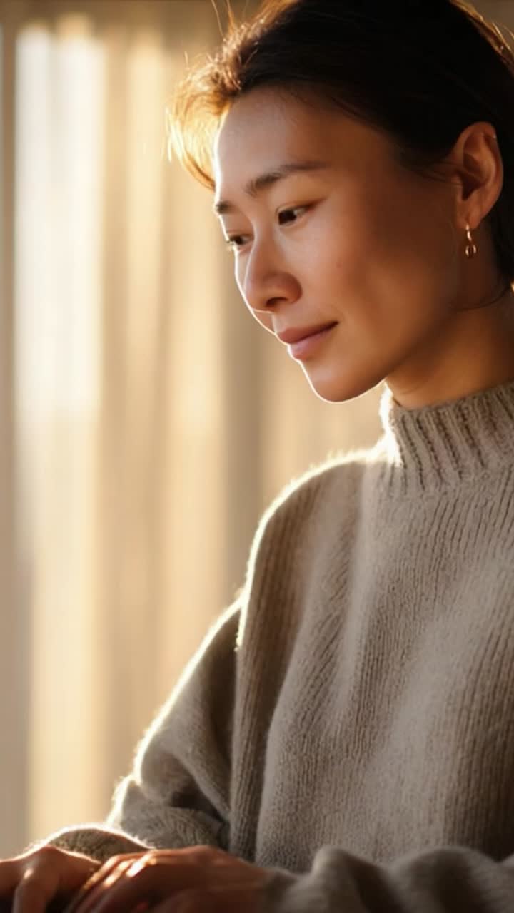 A Serene Portrait of a Woman in Natural Light, Capturing a Moment of Contemplation and Beauty While Seated in a Soft Sweater Against a Bright Background