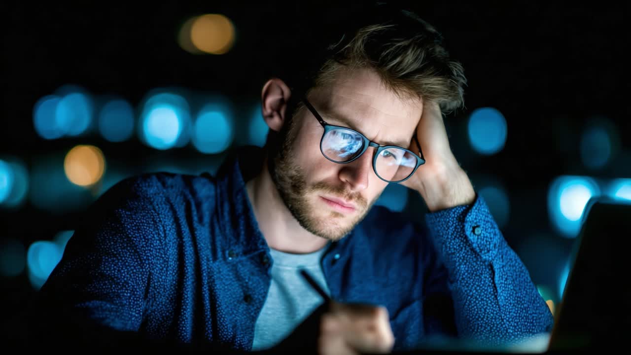 A focused individual experiences the challenges of deep concentration while working late at night, showcasing the struggles of creativity amidst the urban backdrop of soft lights