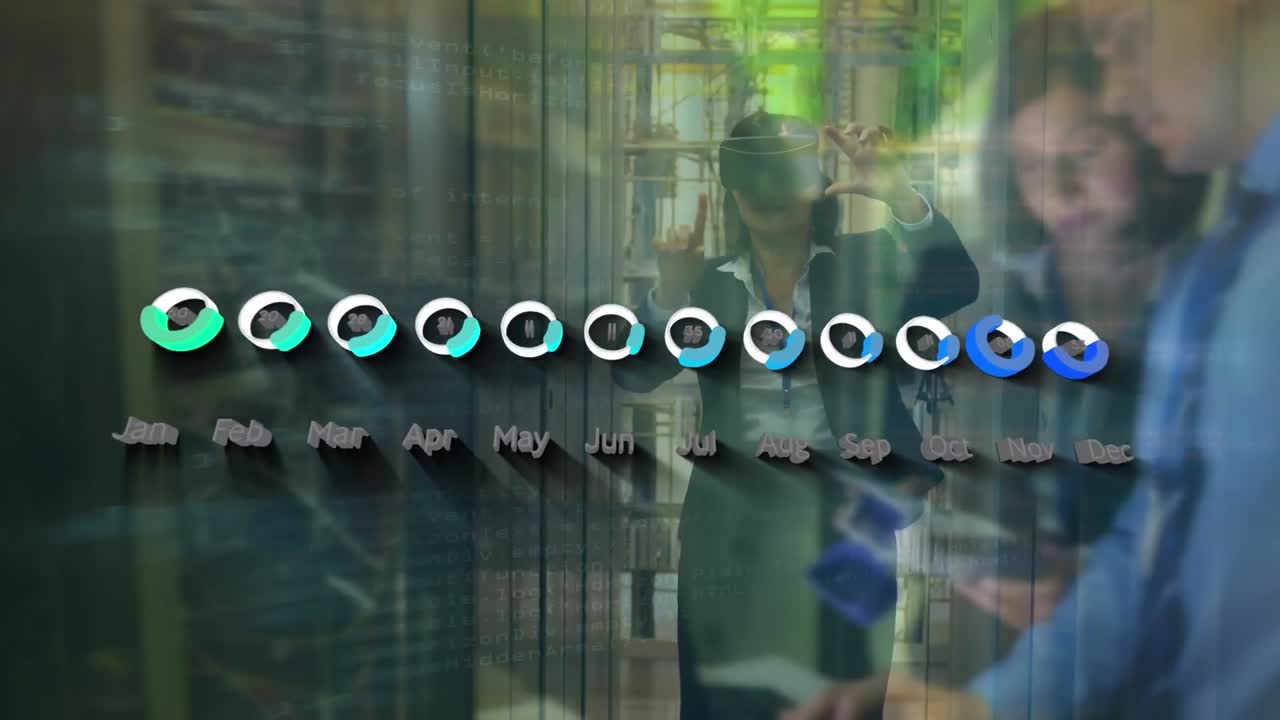 데이터 처리의 애니메이션과 사무실에서 다양한 비즈니스 사람들에 대한 그래프