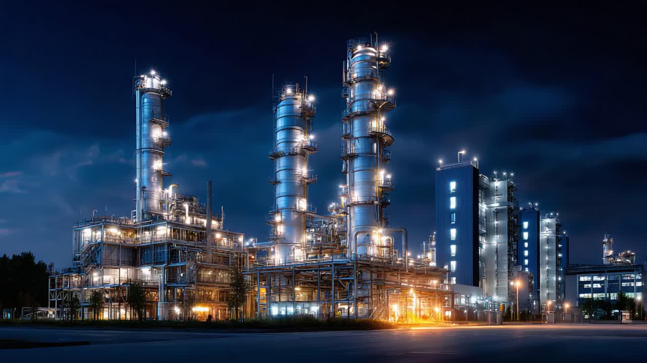 Industrial Nightscape: A Stunning View of a Modern Chemical Plant Illuminated by Twilight, Showcasing Its Towering Structures and Complex Pipelines