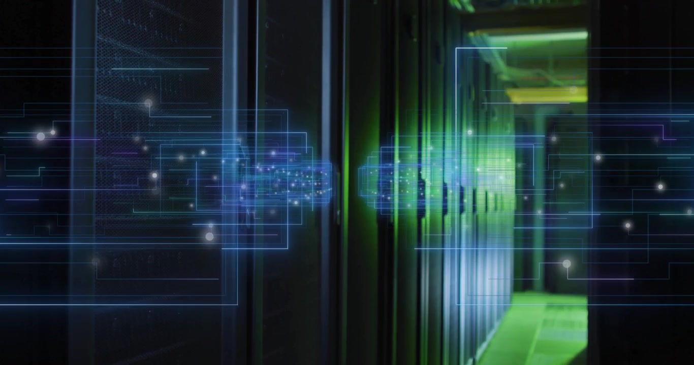 With bluish grids appearing, data cubes moving to racks, green pulses scanning for data transfer