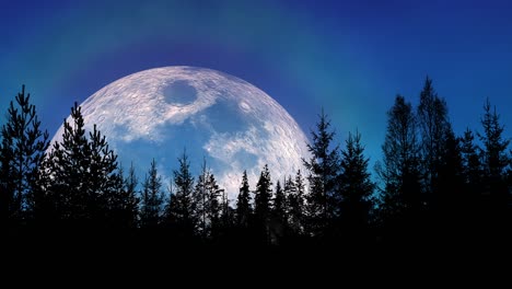 giant moon with colorful halo rising over a forest silhouette