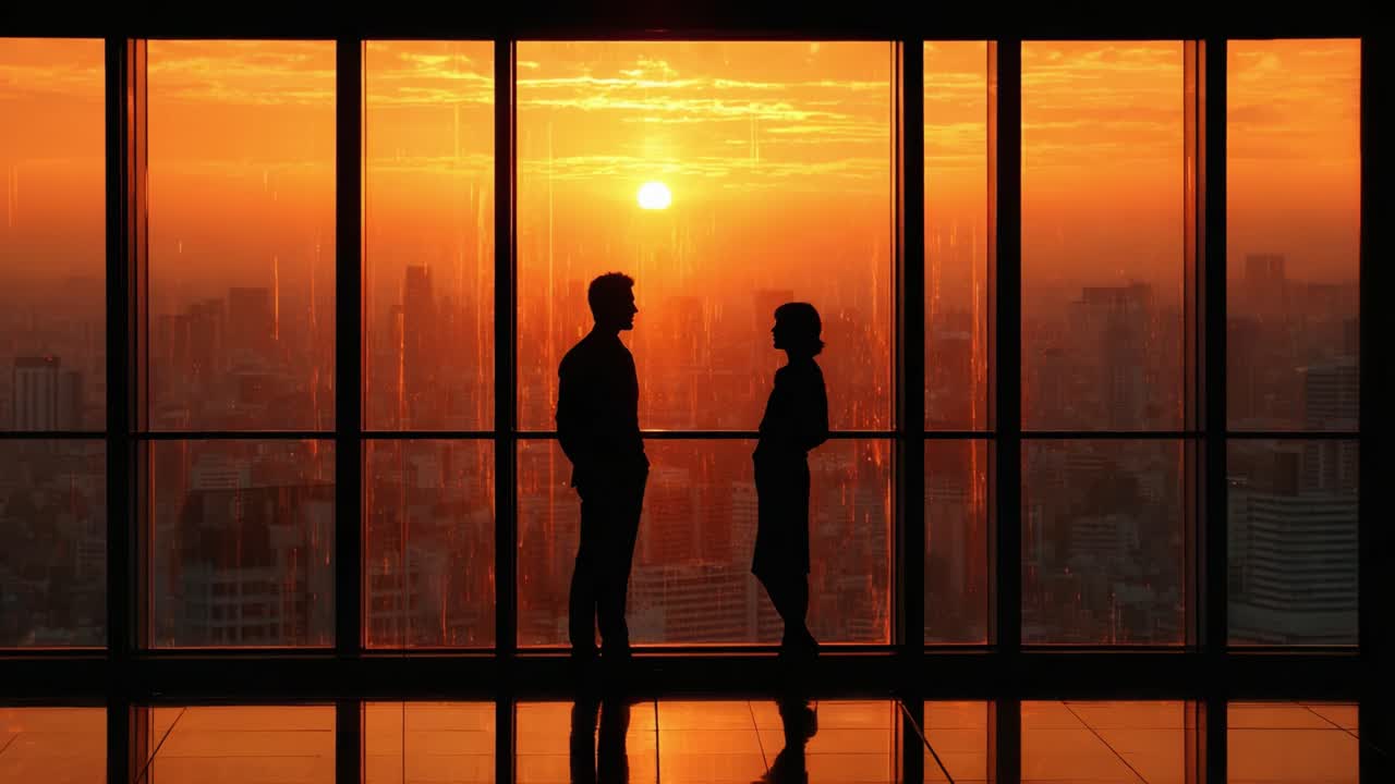 Una silueta cautivadora de dos personas con una impresionante vista del atardecer desde la azotea de un edificio, creando una atmósfera encantadora de conexión y reflexión