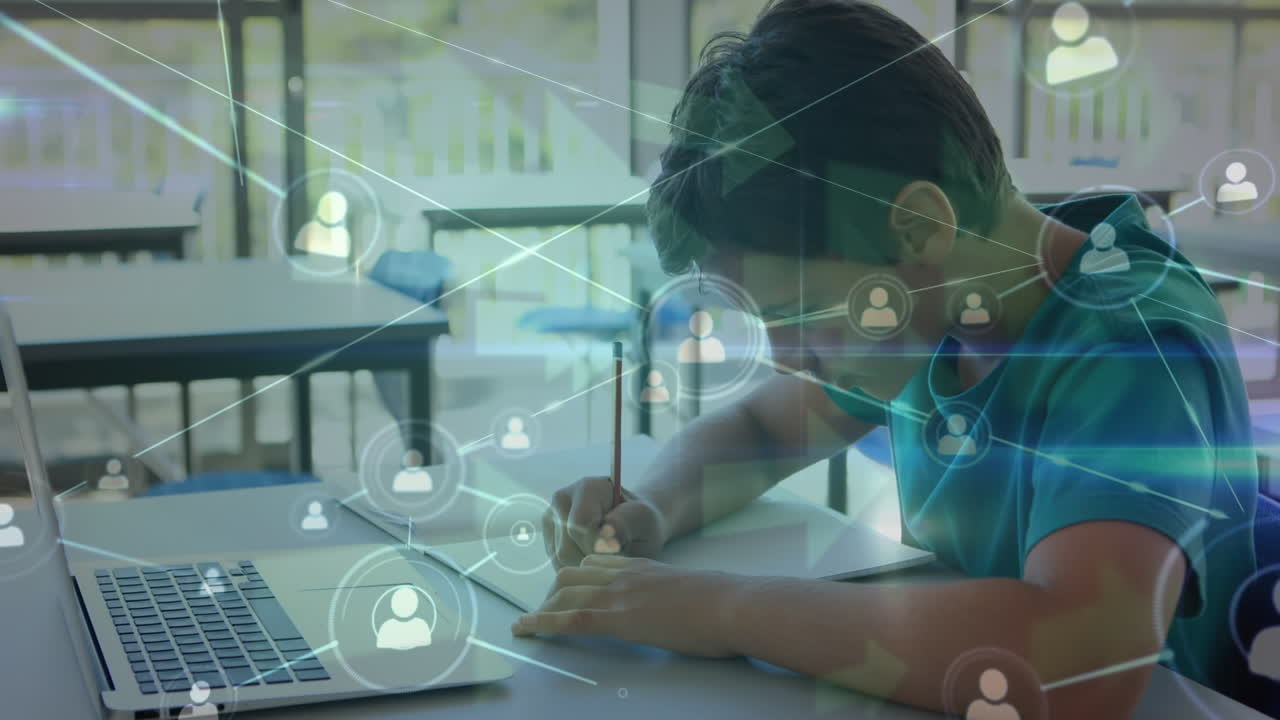 기술 사용을 통해 백인 학생을 통해 연결 네트워크의 애니메이션