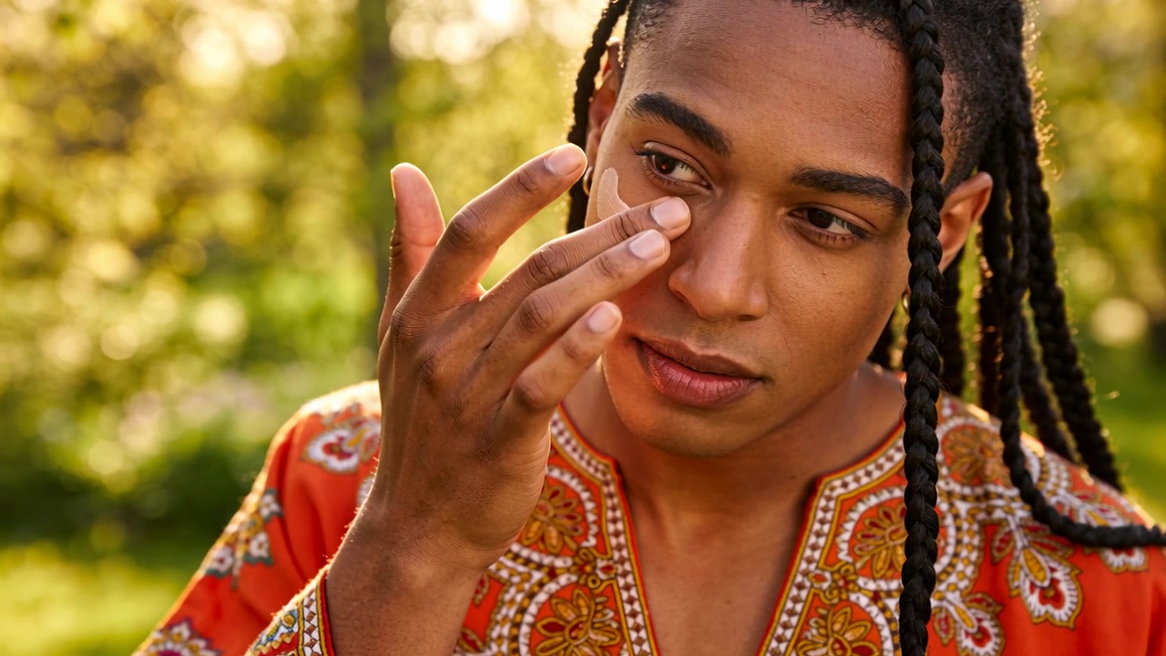 Holding hydrogel under-eye patch, man in orange shirt aligning and smoothing in park for eye care