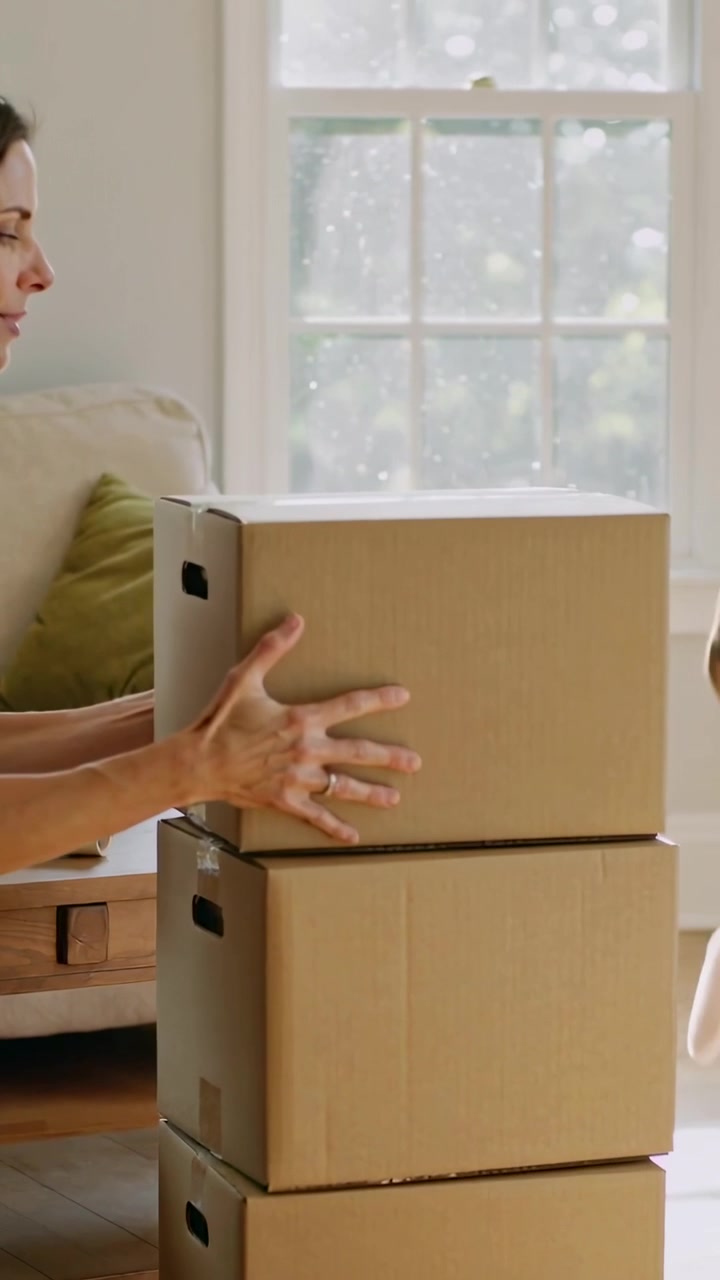 Vertical video: Entering left mom lifting third box while unpacking at home, child handing rabbit