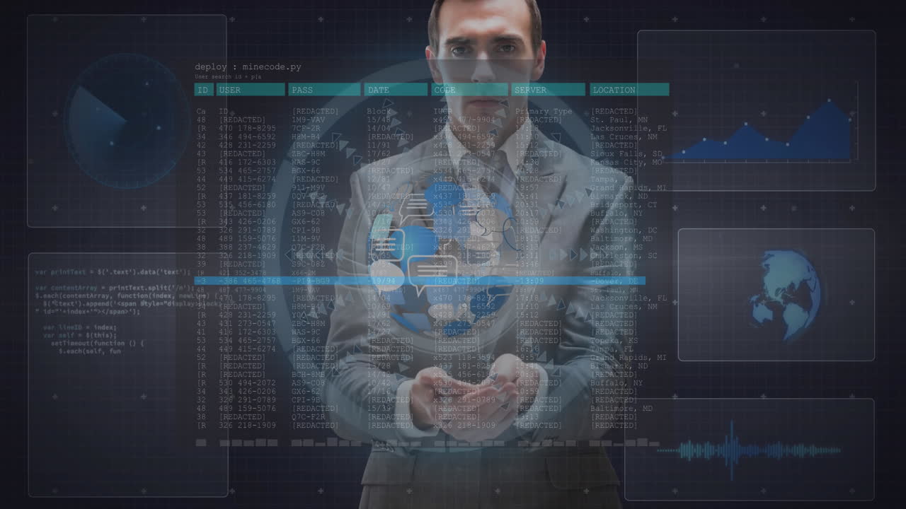 animación del procesamiento de datos en pantallas, giro del globo y escaneo del alcance sobre el hombre de negocios