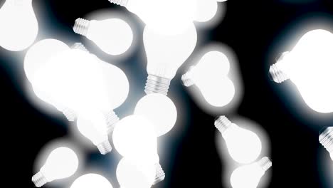 abstractas bombillas blancas brillantes que caen y vuelan hacia arriba sobre un fondo negro, concepto de idea. animación. bombillas de neón brillantes que se mueven en la oscuridad, bucle sin costuras