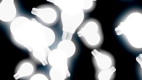 abstract shining white light bulbs falling down and flying upward on black background, concept of idea. animation. shining neon light bulbs moving in the dark, seamless loop