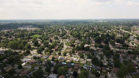 aerial flyover beautiful rural suburb city in canada during sunny day in summertime