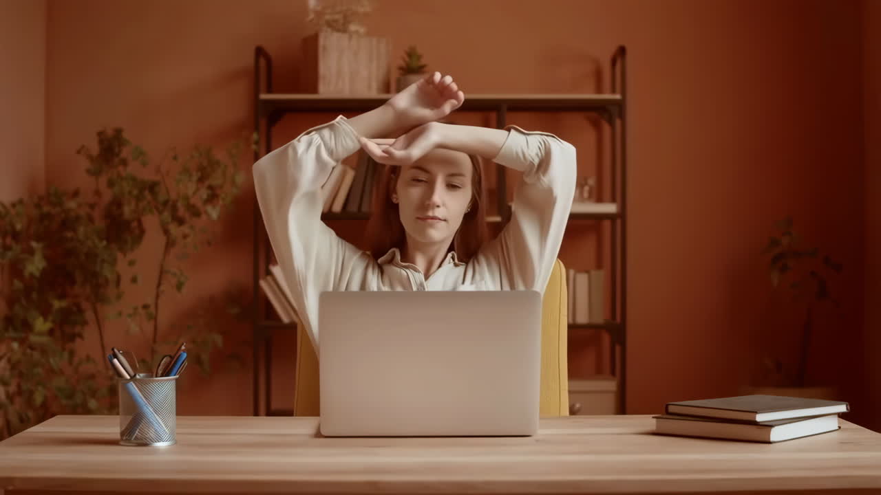 Woman Stretching During a Break While Working on Laptop at Home Office