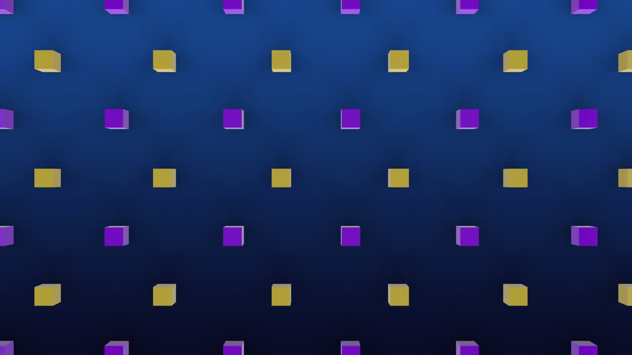 Moving 3D yellow and purple cubes on blue background
