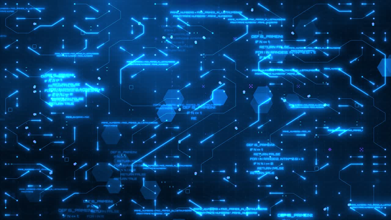 Blå kredsløbsmatrix: Fremtidsorienteret tech-animation med digitale linjer, neonlys og et koncept for kunstig intelligens