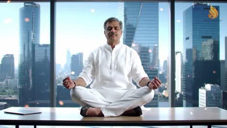 a man in meditative pose in a modern urban setting with skyscrapers, reflecting peace and tranquility amidst a busy city landscape